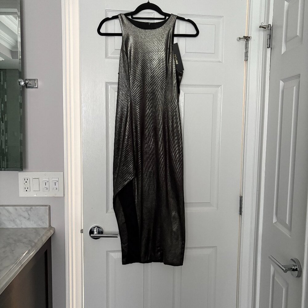 Do+Be Metallic Silver Maxi Dress Slit Studio 54 Disco Chic Liquid Silver Glam S